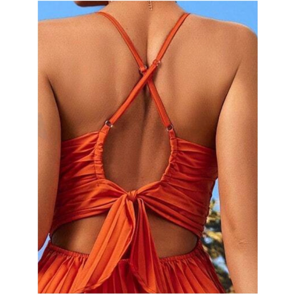 Luxe Orange Criss Cross Tie Back Ruched Pleated Dress - Picture 2 of 3